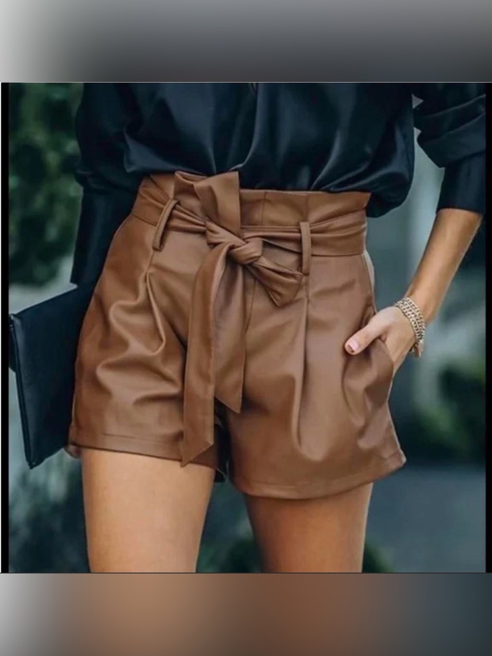 SHEIN High-Waist Faux Leather Tie-Belt Shorts - Brown